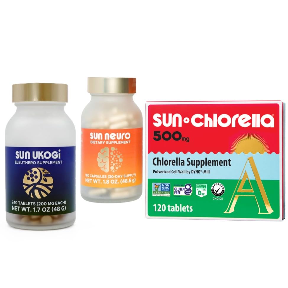 Sun Chlorella Wellness Trio Bundle 3ct - 500mg Whole Body Green Algae Superfood Supplement 120 Tablets - Sun Neuro Nootropic Focus Supplement 180 Capsules – Organic Sun Eleuthero 200mg, 240 Tablets