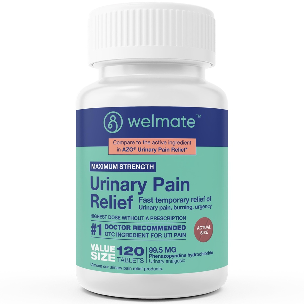 WELMATE Urinary Pain Relief, UTI Relief, Maximum Strength - Phenazopyridine HCl 99.5 mg, Fast Acting Urinary Tract Bladder Pain, Burning, Urgency, Discomfort for Men & Women (120 Tablets)
