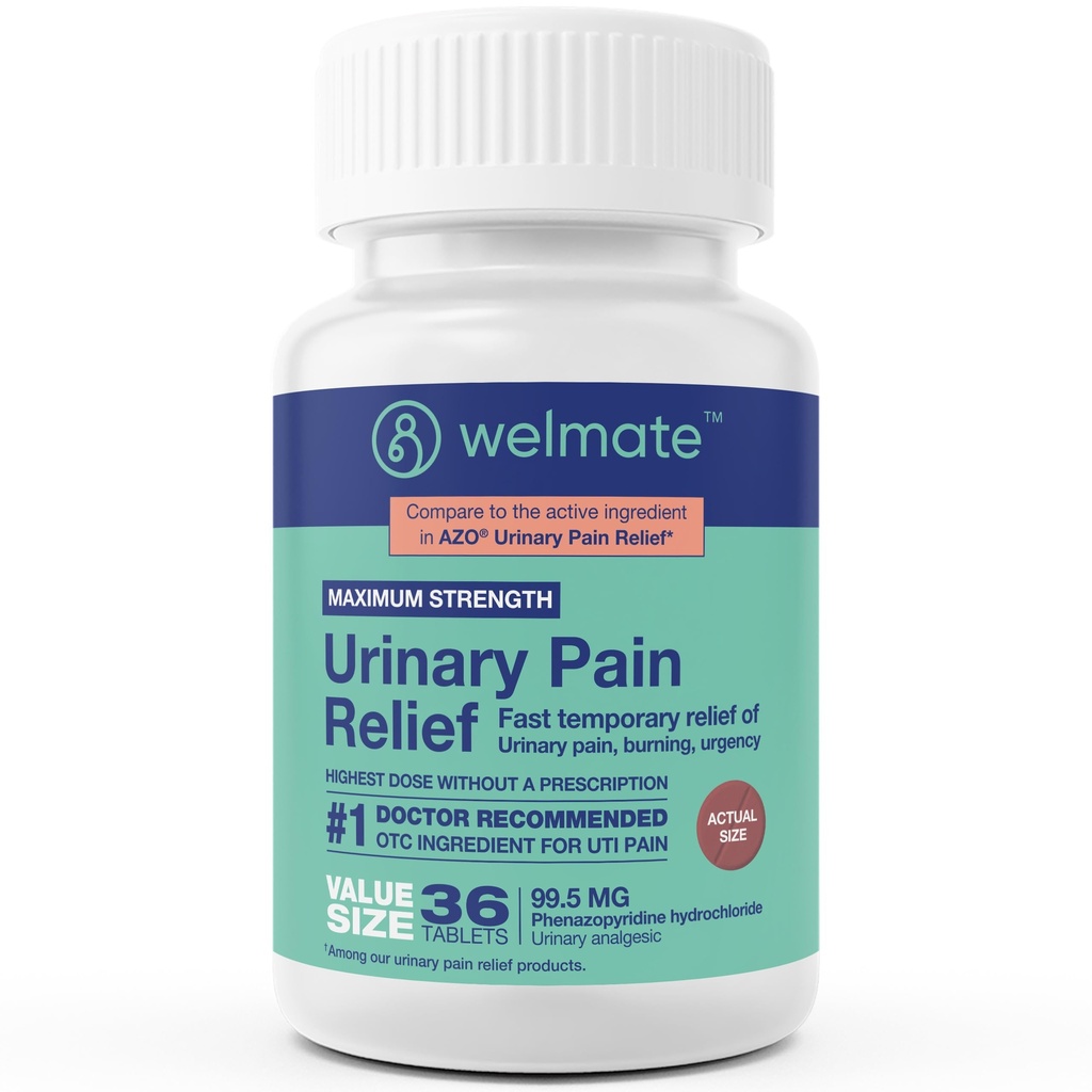 WELMATE Urinary Pain UTI Relief Maximum Strength (Phenazopyridine HCL) - Improve Urinary Tract Health & Bladder Control, Urgency, & Discomfort | Over-The-Counter Medication for Men & Women (36 Pills)