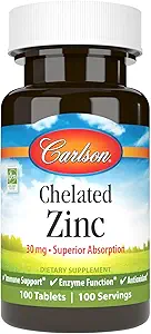 Carlson - Chelated Zinc, 30 mg - Superior Absorption, Immune Support & Enzyme Function, Antioxidant, 100 tablets