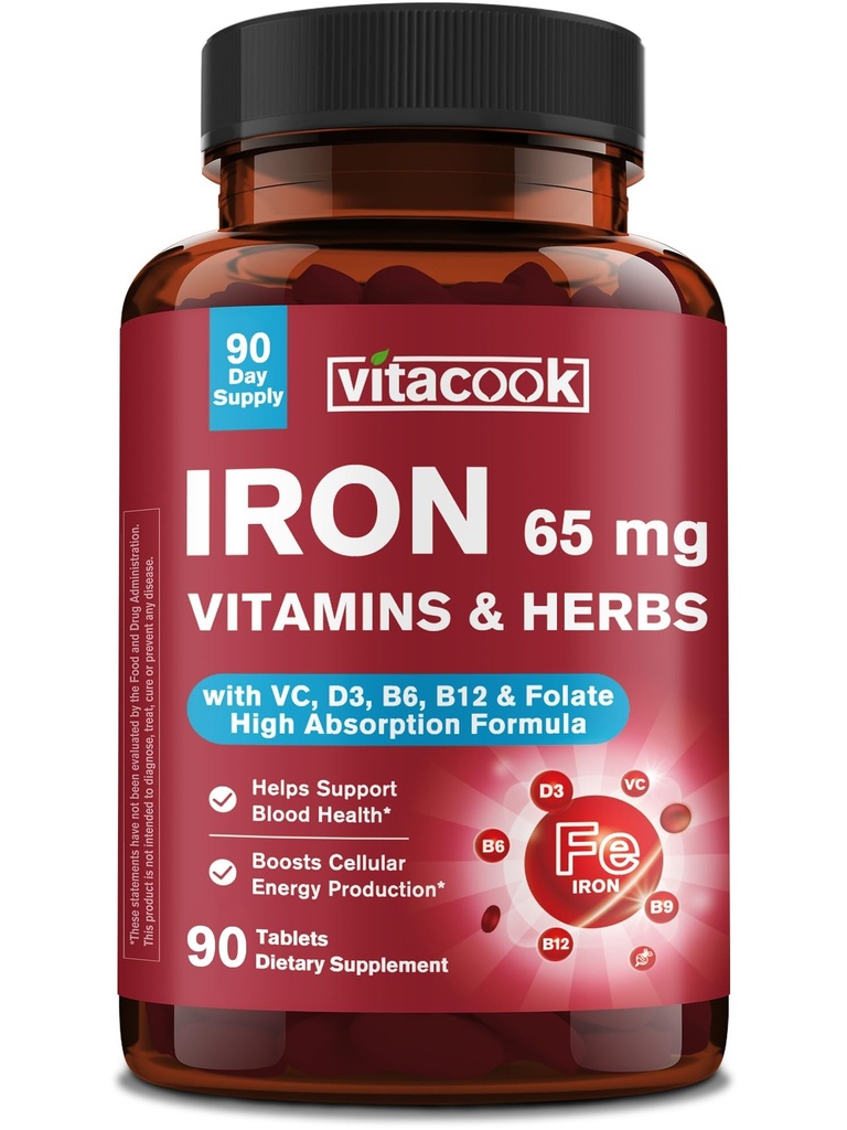 Iron Supplement 65mg, with Vitamin C, D3, B6, B12 & Folate, Spinach, Broccoli, Beet Root, Pumpkin Seeds, Dandelion & Carrots, Blood Building & Energy Support, 90 Tablets