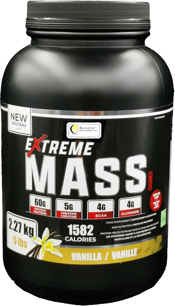 Extreme Mass Gainer Muscle Builder, 5 lb (2,27 kg) Χαμηλή ζάχαρη υψηλή θερμίδες για Έντονες προπονήσεις (Vanilla)