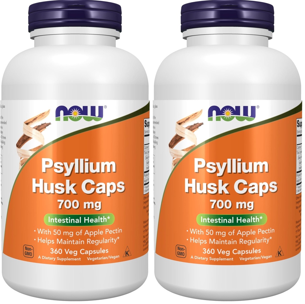 NOW Foods Supplements,Psyllium Husk Caps 700 mg with 50 mg of Apple Pectin,Intestinal Health*,360 Veg Capsules,(Pack of 2)