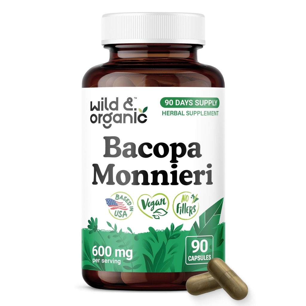 Wild & Organic Bacopa Capsules 600 mg - Brain Support - Natural Bacopa Monnieri Supplement - Brahmi Capsules - 90 Days of Supply - Vegan, No Fillers, Non-GMO - 90 Count