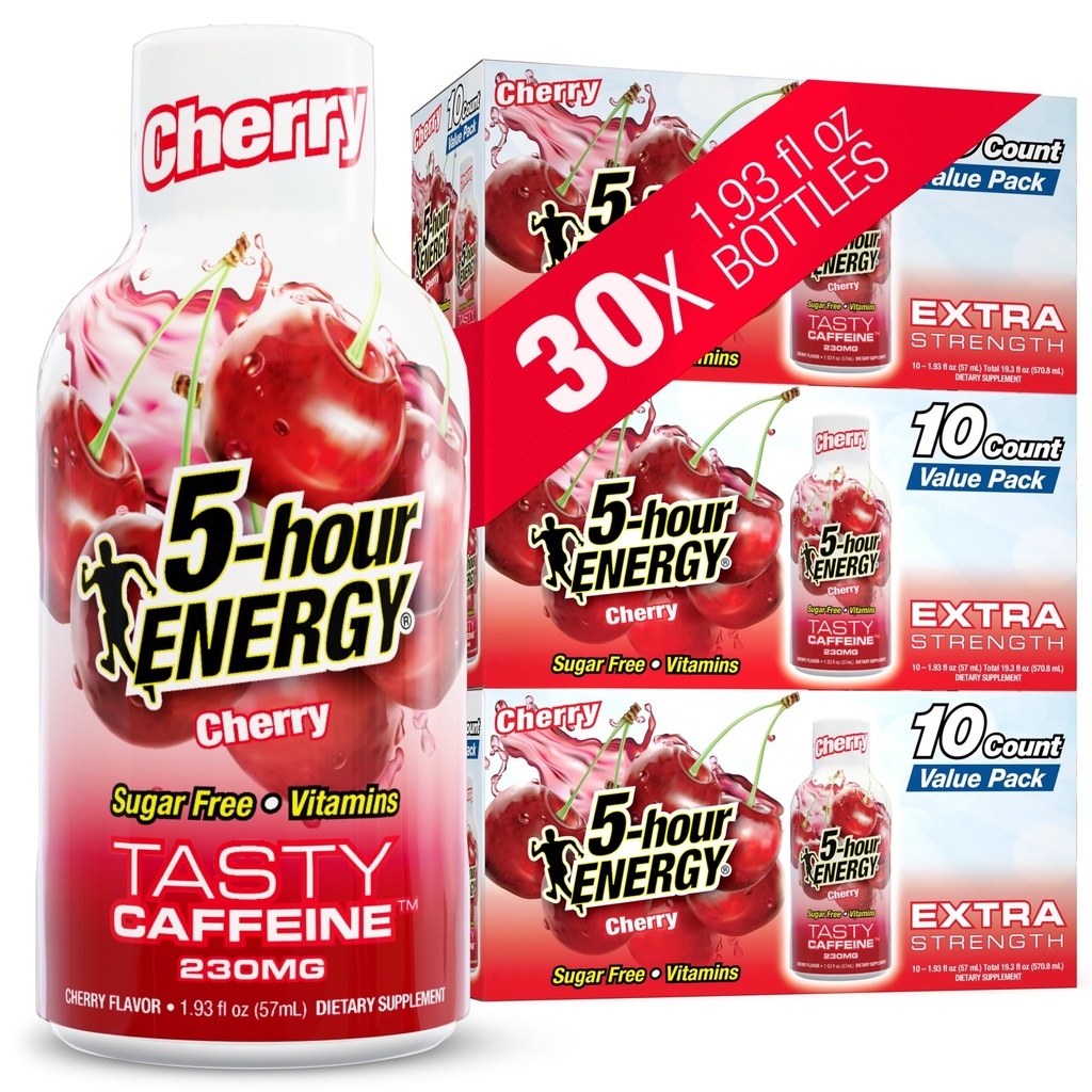 5-hour ENERGY CHERRY Flavor, 30 Count, 1.93 Fl Oz Energy Shot, Extra Strength, Amino Acids, B Vitamins, Sugar Free and Zero Calories