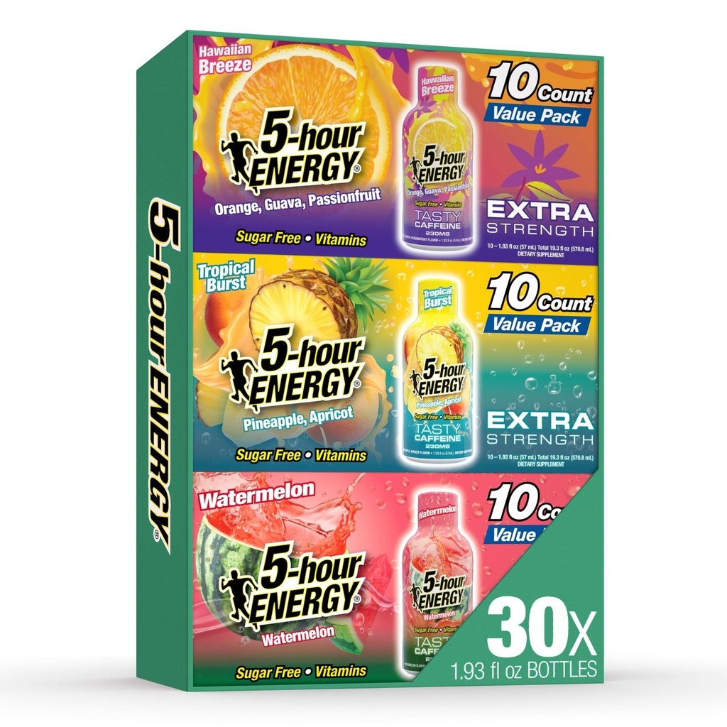 5-hour ENERGY VARIETY PACK Hawaiian Breeze, Tropical Burst & Watermelon Flavors, 30 Count, 1.93 Fl Oz Energy Shot, Extra Strength, Amino Acids, B Vitamins, Sugar Free and Zero Calories