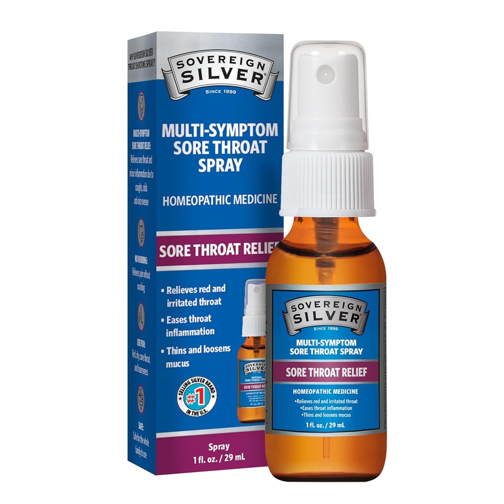 Sovereign Silver Sore Throat Spray - Colloyal Silver Throat Spray, ανοσοποιητικό συμπλήρωμα υποστήριξης για ενήλικες και παιδιά, καθημερινή χρήση Liquid Argentum Nitricum Solution - 1 fl oz (30mL)
