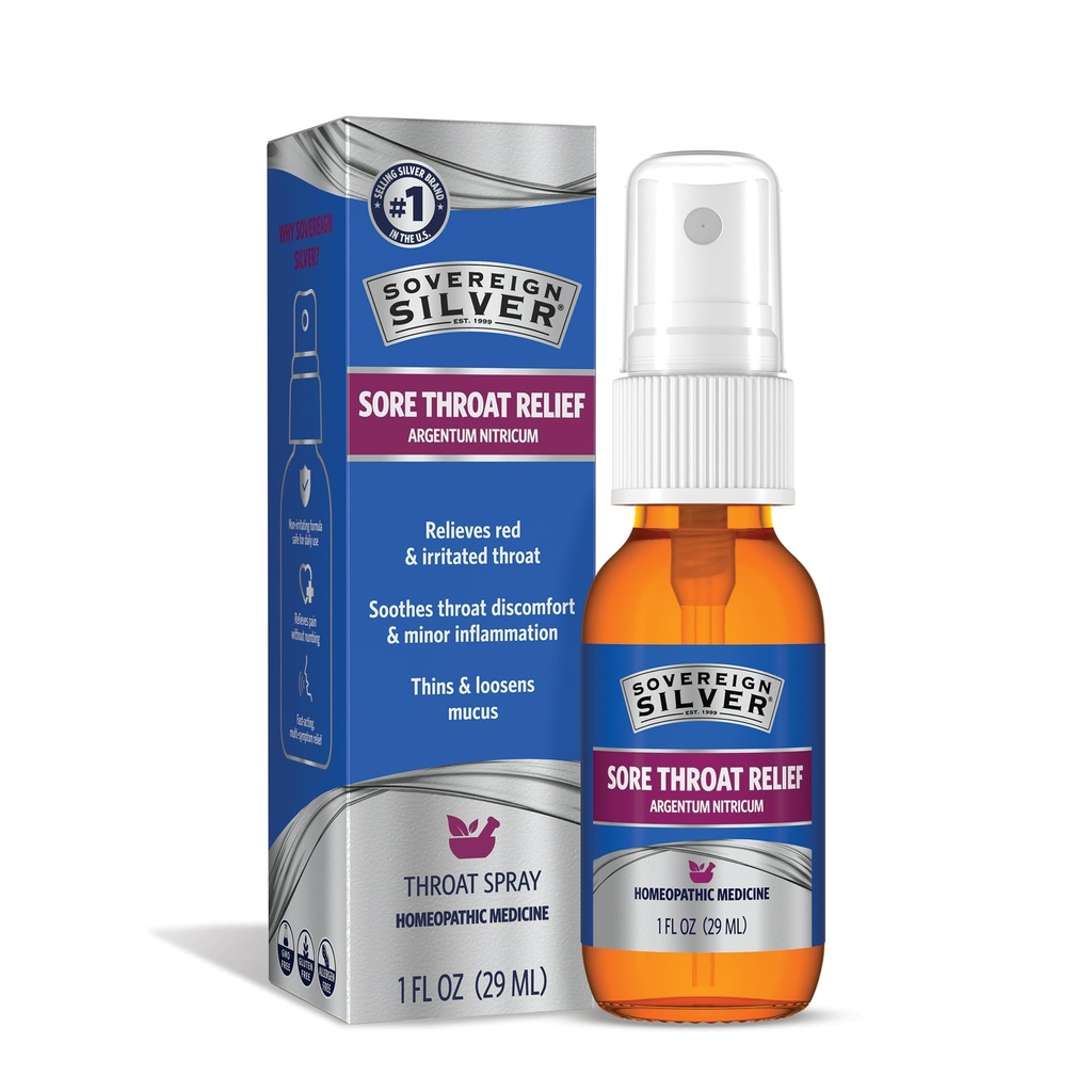 Sovereign Silver Sore Throat Spray - Colloyal Silver Throat Spray, ανοσοποιητικό συμπλήρωμα υποστήριξης για ενήλικες και παιδιά, καθημερινή χρήση Liquid Argentum Nitricum Solution - 1 fl oz (30mL)