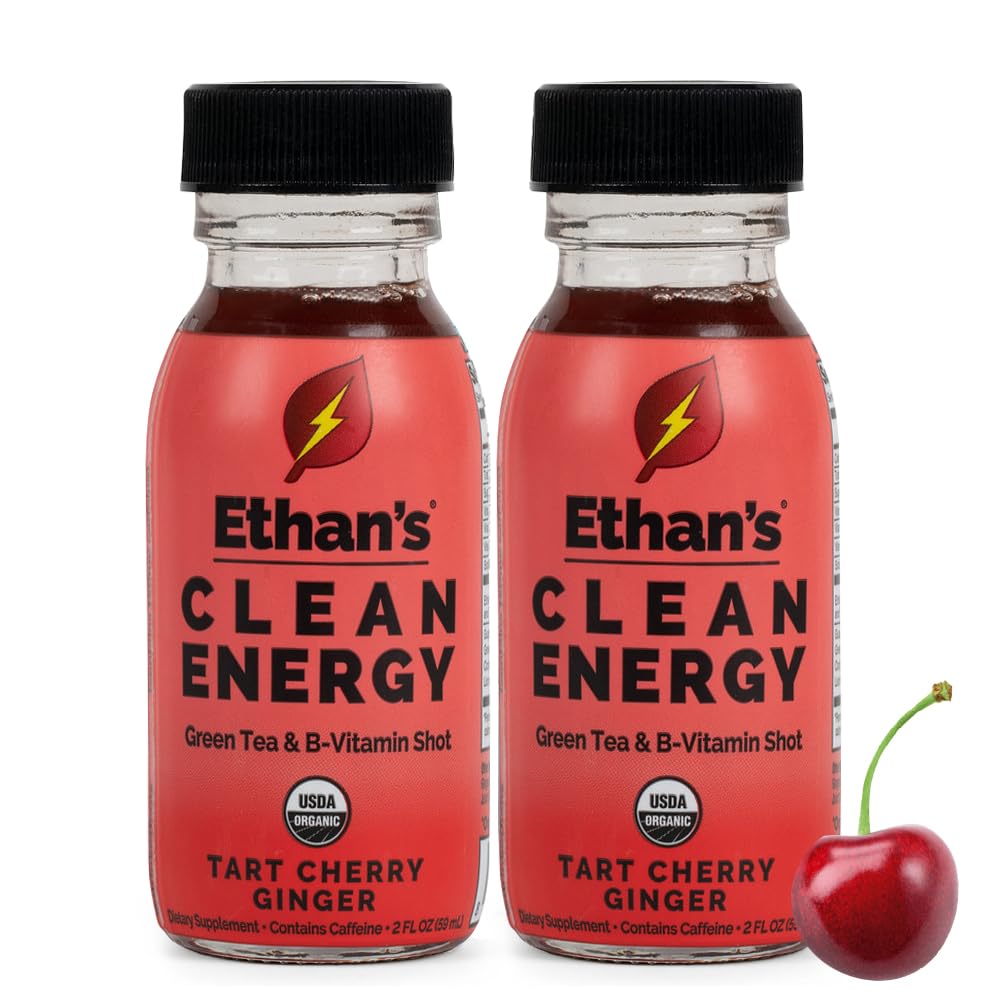 Ethan's Organic Clean Energy Shots Tart Cherry Ginger, 2 Pack of 2oz | 150mg Caffeine | Green Tea, Guayusa, Lion's Mane & Cordyceps | Sugar-Free, Vegan, Gluten-Free, USDA Organic