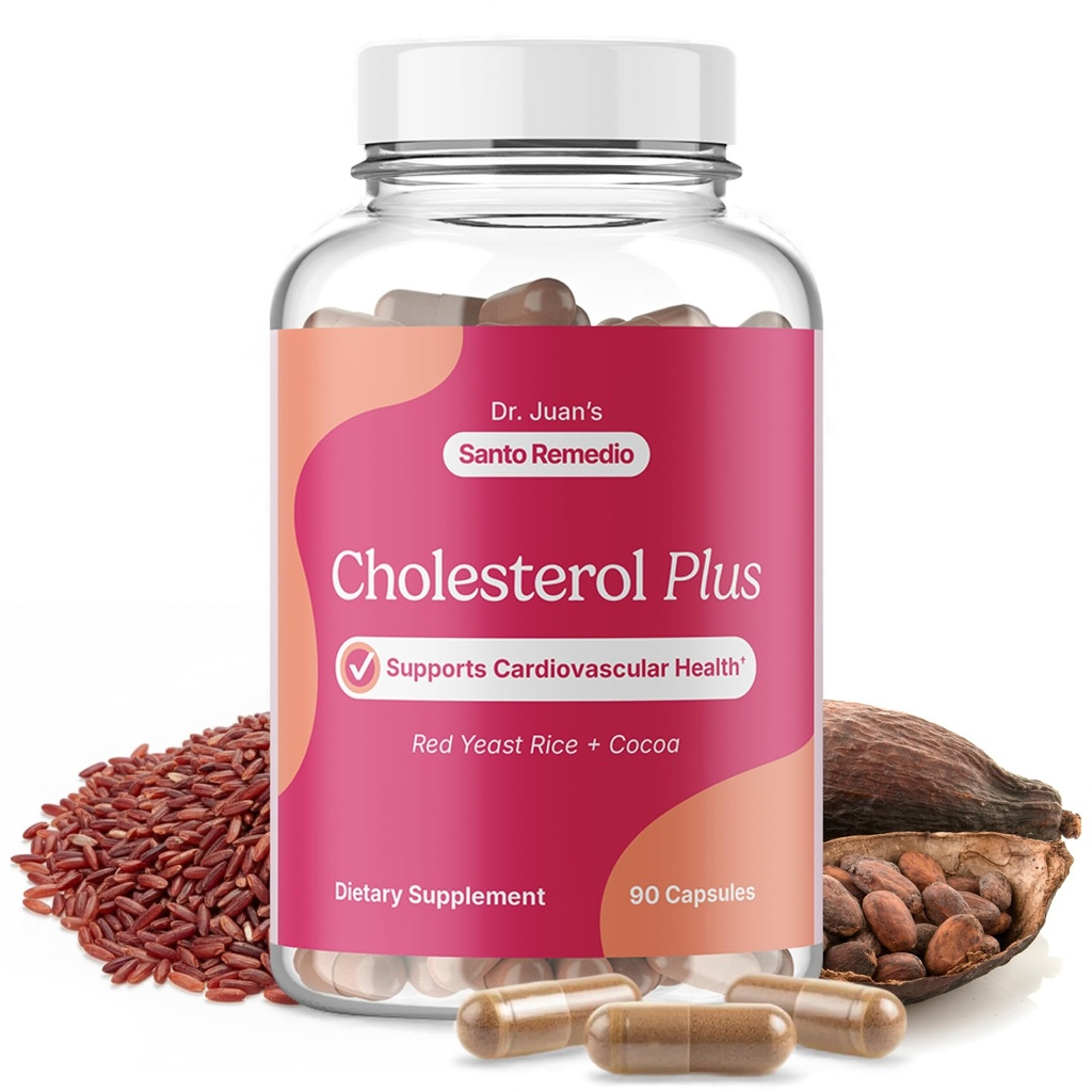 Santo Remedio Cholesterol Plus with Red Yeast Rice & Cocoa, Cardiovascular Support Supplement for Heart Health, Gluten-Free, Non-GMO Capsules, 30 Servings | Gift for Wellness Care
