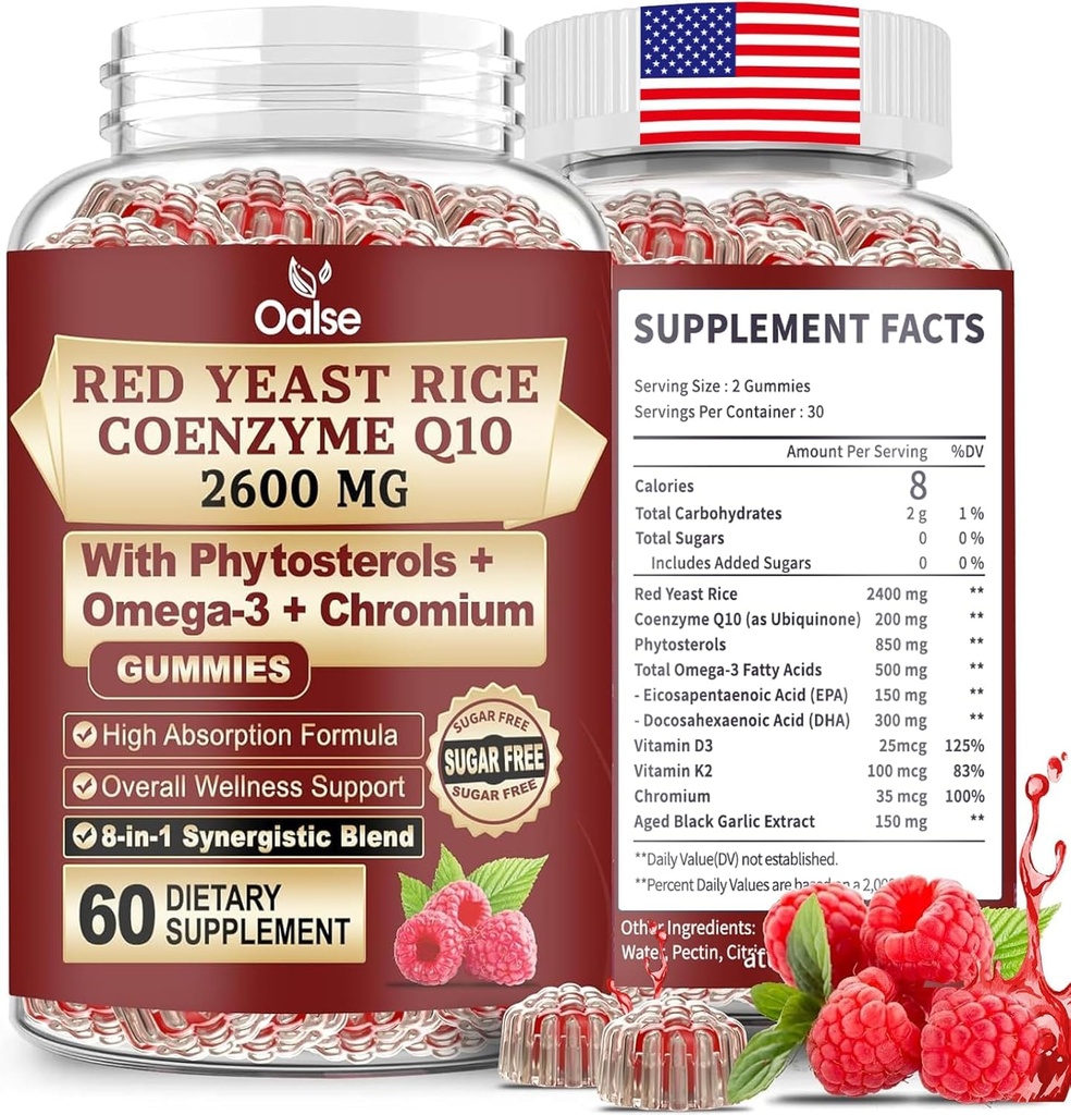 Sea Moss Red Yeast Rice with CoQ10 Gummies, 2400mg Red Rice Yeast, CoQ10 200mg with Phytosterols, Omega - 3 & Chromium,- 60 Count, Raspberry Flavor for Women & Men