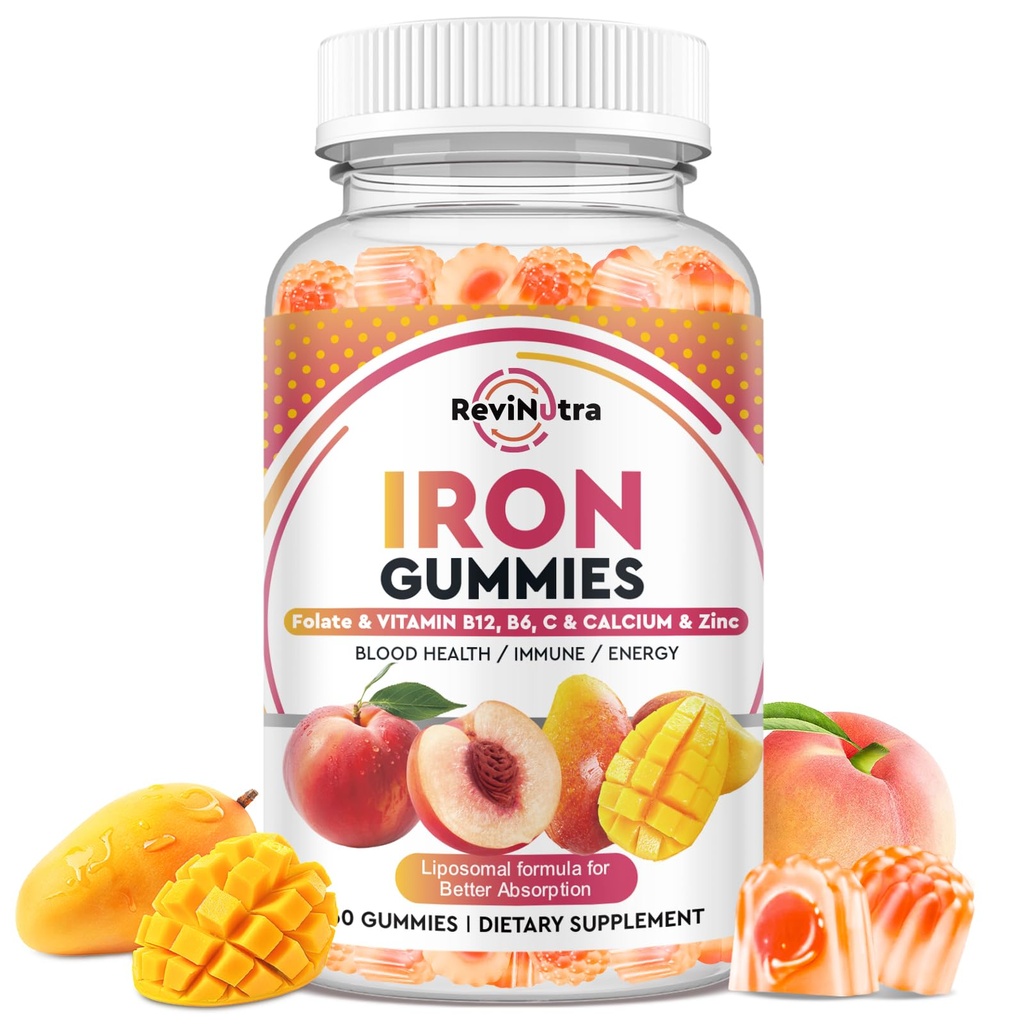Iron Supplement Gummies for Adults & Kids - with Calcium, Zinc, Folate & Multivitamin - Blood Builder & Energy Support & Immune Health for Iron Deficiency, Anemia, Vegan -Peach & Mango Flavor 60 Count