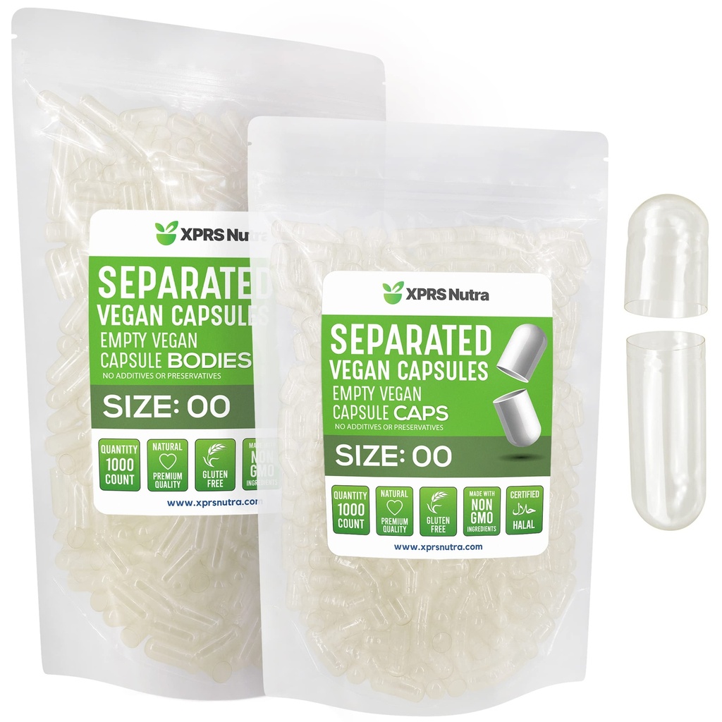XPRS Nutra Vegan Μέγεθος 00 Χωριστές κάψουλες - 1000 μετρητές Premium κενές κάψουλες χωρισμένες σε σακούλες - Καθαρίστε τα άδεια χάπια 00 για συμπλήρωση συμπληρώματος DIY