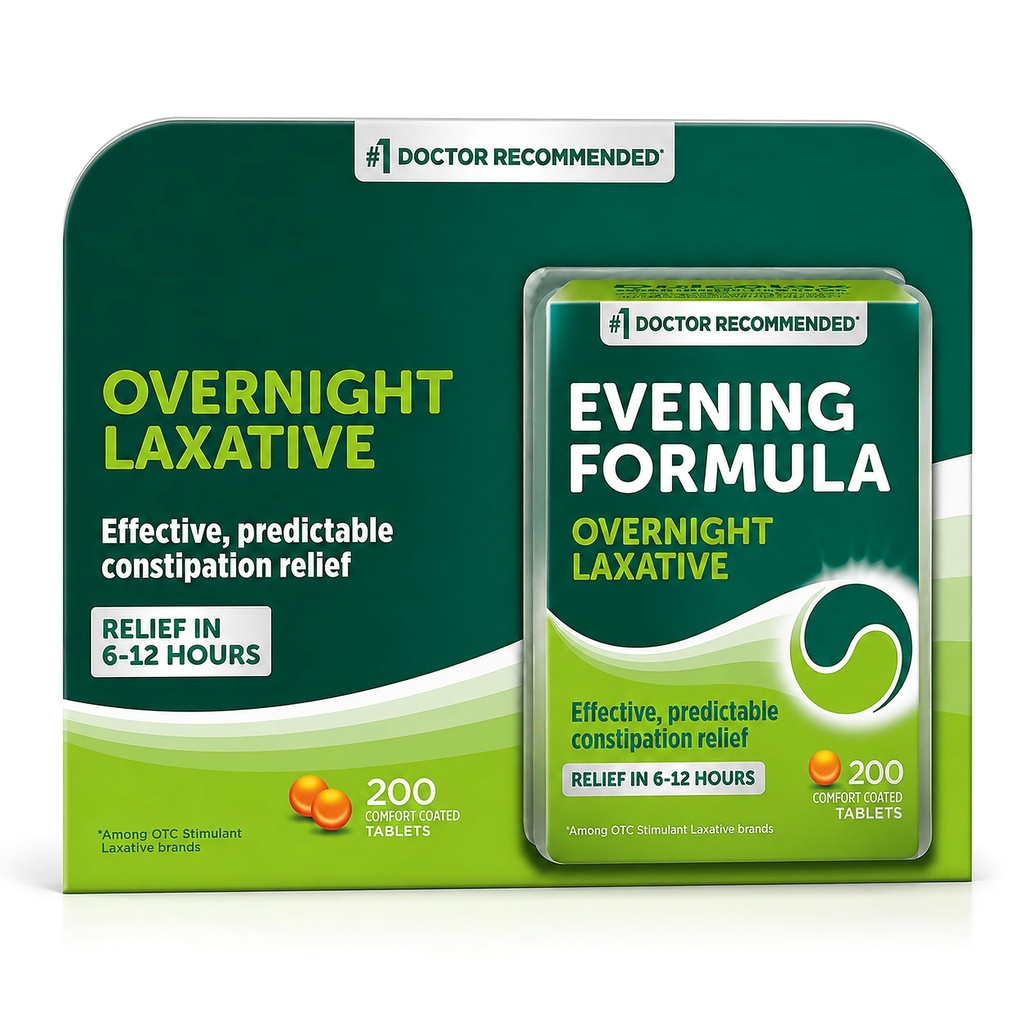Evening Formula Laxative 200 CT, Overnight Relief in 6-12 Hours, Relieves Bloating and Straining, Bisacodyl 5mg Tablets