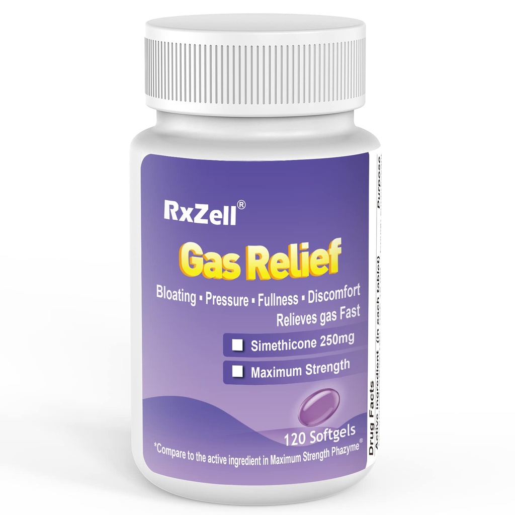 RXZELL Gas Relief, Maximum Strength Simethicone 250mg, 120 Softgels - Anti Flatulence Relieves Gas Fast, Bloating Aid, Stomach Discomfort, Fullness and Pressure Relief Pills
