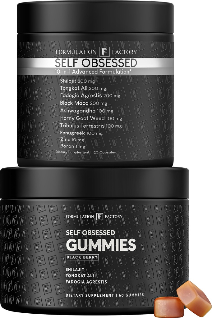 Formulation Factory Self Obsessed Capsules + Shilajit Gummies (Bundle) – Men's Testosterone Booster with Shilajit, Tongkat Ali & Fadogia Agrestis, 10-in-1 Daily Capsule Plus Black Berry Gum