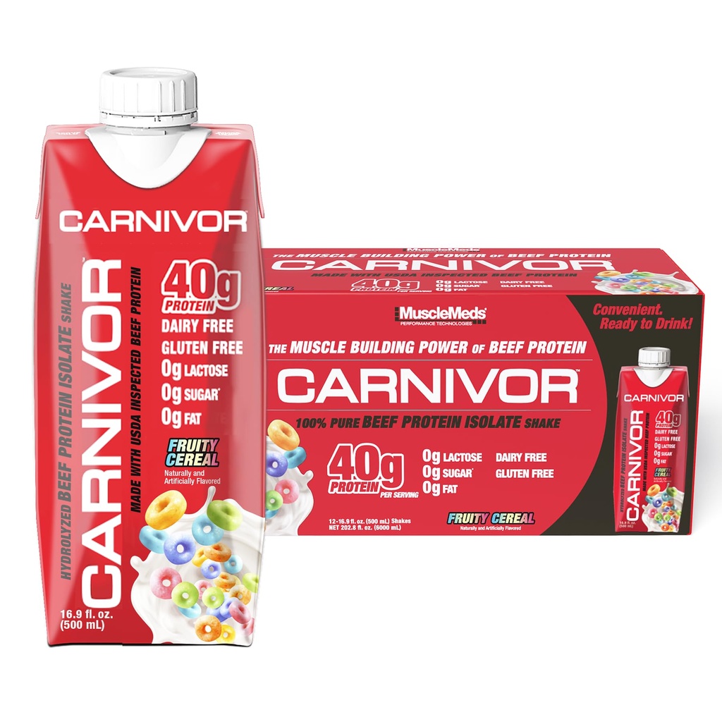 MuscleMeds Carnivor RTD, Ready to Drink Protein, Lactose Free, Sugar Free, 40g Isolate Protein, Muscle Building, Recovery, Halal Certified, Fruity Cereal, 16.9 Fl Oz (Pack of 12)