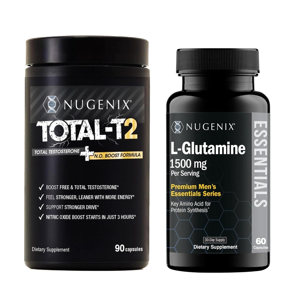 Nugenix Total-T2 Testosterone Booster for Men + Essentials L-Glutamine Supplement 1500mg - Bundle