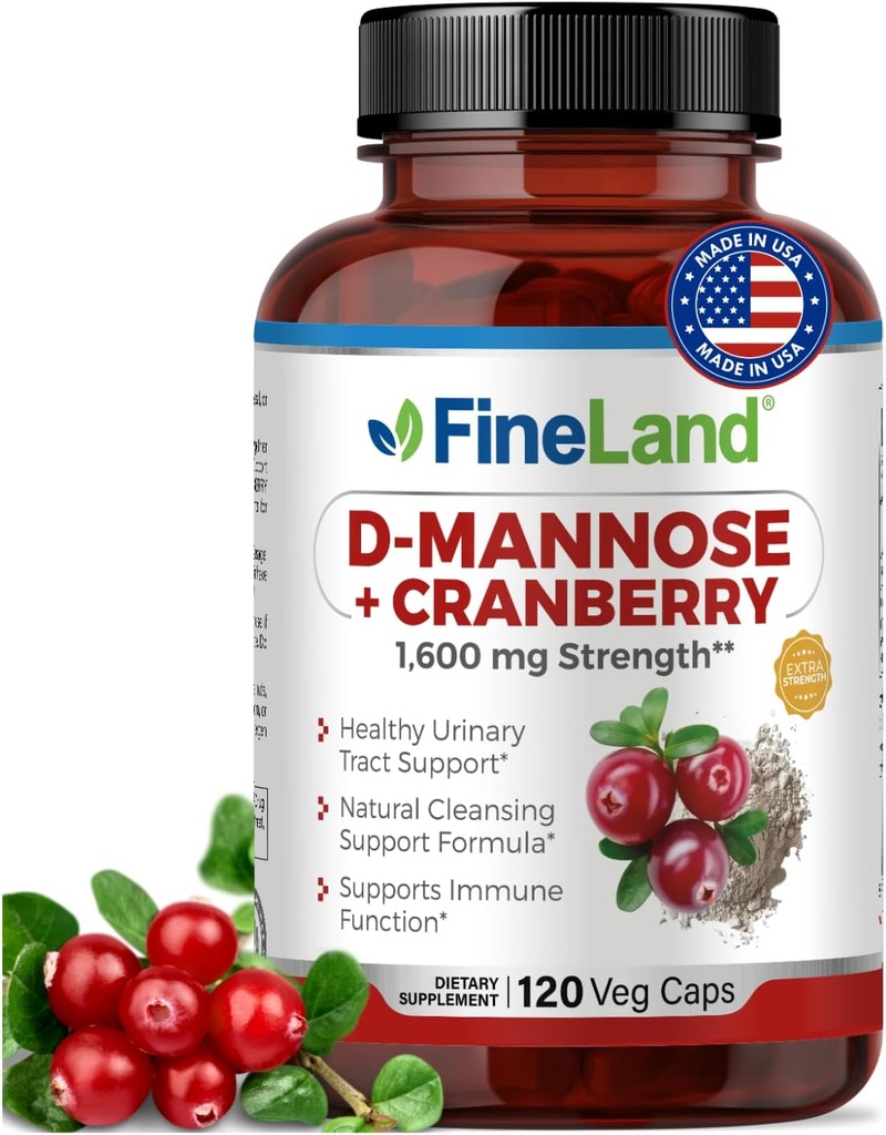 FineLand D-Mannose + Cranberry – 1600mg ανά σερβιρίσματος – 120 κάψουλες Vegan – Υποστήριξη για την υγεία του ουροποιητικού συστήματος και της ουροδόχου κύστης – Μη ΓΤΟ, Χωρίς γλουτένη, Κατασκευασμένο στις ΗΠΑ