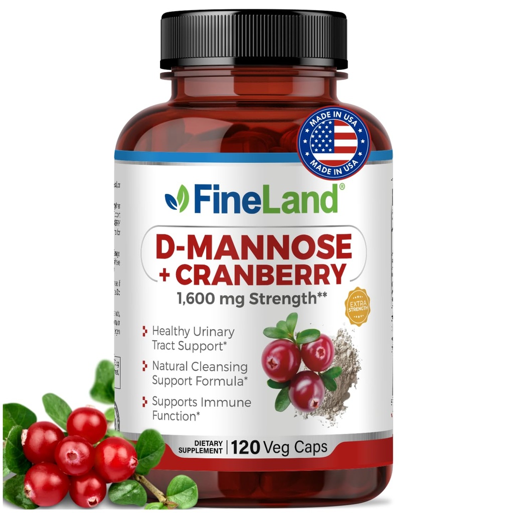 FineLand D-Mannose + Cranberry – 1600mg ανά σερβιρίσματος – 120 κάψουλες Vegan – Υποστήριξη για την υγεία του ουροποιητικού συστήματος και της ουροδόχου κύστης – Μη ΓΤΟ, Χωρίς γλουτένη, Κατασκευασμένο στις ΗΠΑ