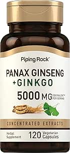Piping Rock Panax Ginseng & Ginkgo Biloba Supplement | 5000 mg | 120 Capsules | with Black Pepper Extract | Vegetarian, Non-GMO, and Gluten Free Supplement