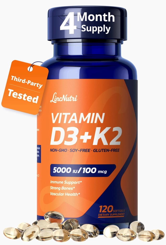 Vitamin D3 K2 5000IU, MK-7 100mcg - Third Party Tested, 120 Softgels, Non-GMO, Keto - Easy to Swallow for Bone & Heart Health - Gluten, Soy, Dairy & Egg Free, 4-Month Supply