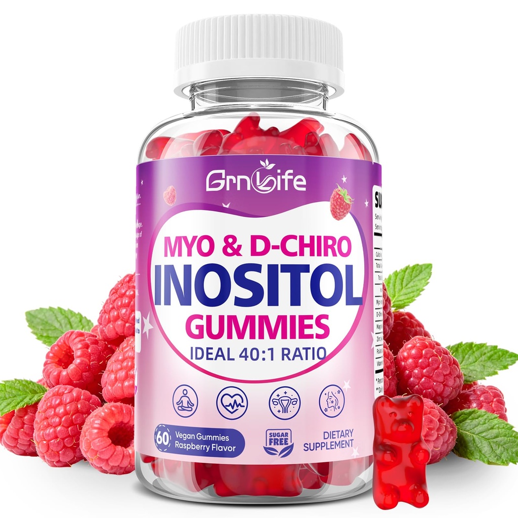 Myo-Inositol & D-Chiro Inositol Gummies for Women, 40:1 Ratio Inositol with Vitamin D3, Magnesium Glycinate, Methyl Folate for Female Health & Wellness, Sugar Free, Raspberry Flavor, 60 Count