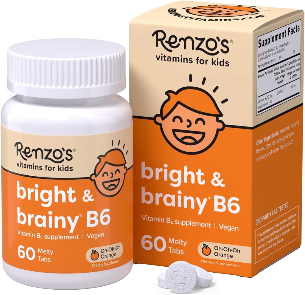 Φωτεινή & έξυπνη βιταμίνη του Renzo Β6, Διαλύοντας τα παιδιά Βιταμίνη Β6, 60 Sugar-Free Μελάτες, Ω Ω Πορτοκαλί Γεύση