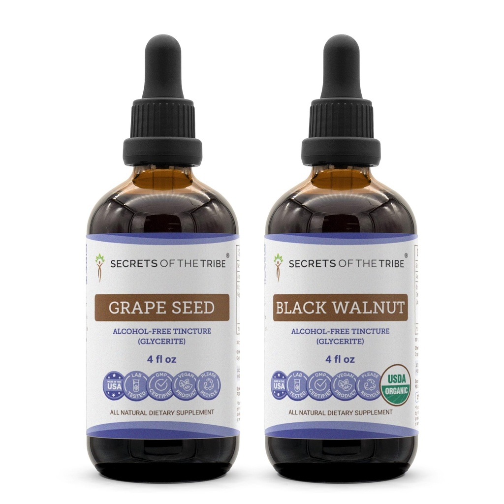 Secrets of the Tribe Grape Seed and Black Walnut Liquid Extract (2 pcs.) | Alcohol-Free Tinctures | Grape (Vitis vinifera) Dried Seed and Black Walnut (Juglans nigra) Dried Hull (2x4 fl oz)