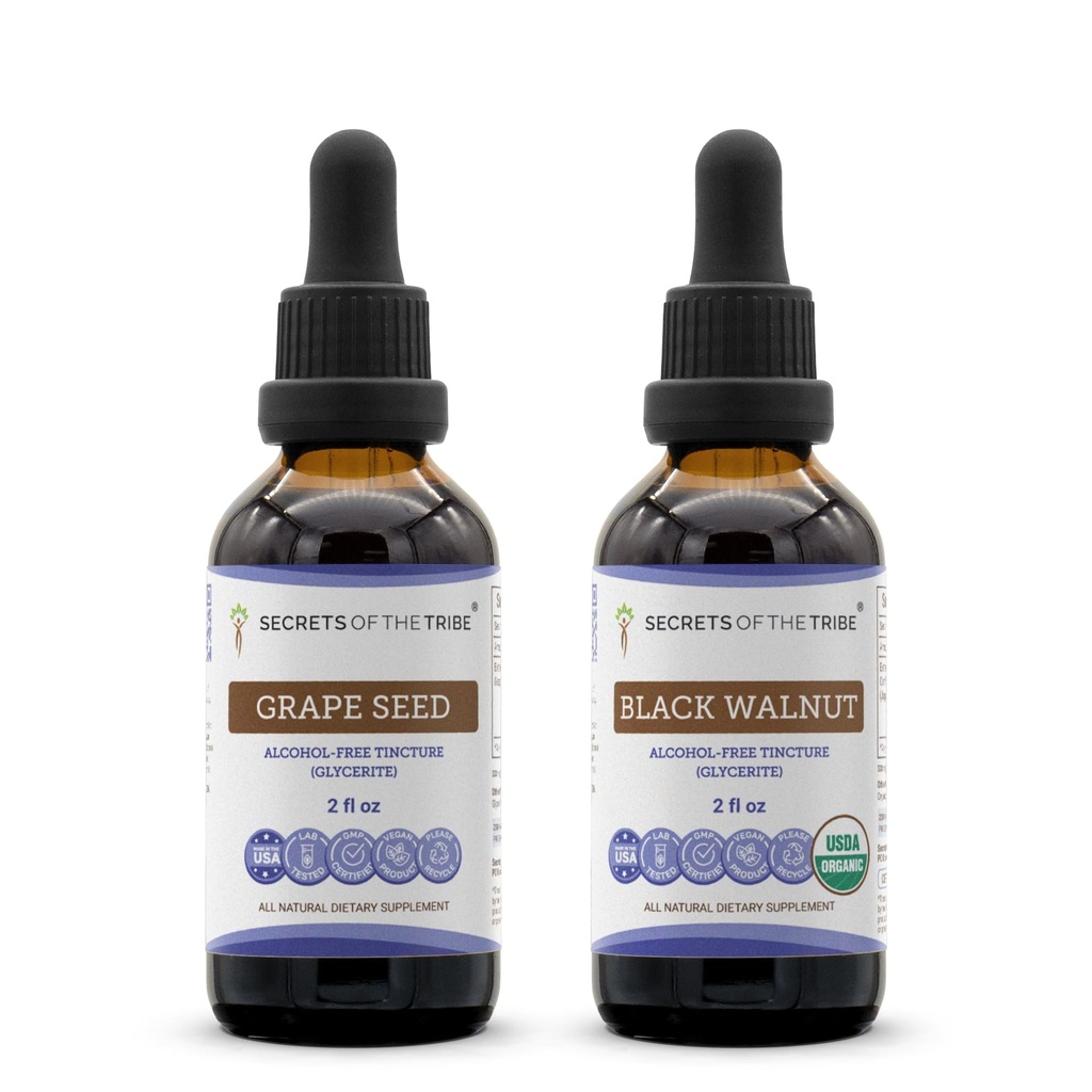 Secrets of the Tribe Grape Seed and Black Walnut Liquid Extract (2 pcs.) | Alcohol-Free Tinctures | Grape (Vitis vinifera) Dried Seed and Black Walnut (Juglans nigra) Dried Hull (2x2 fl oz)