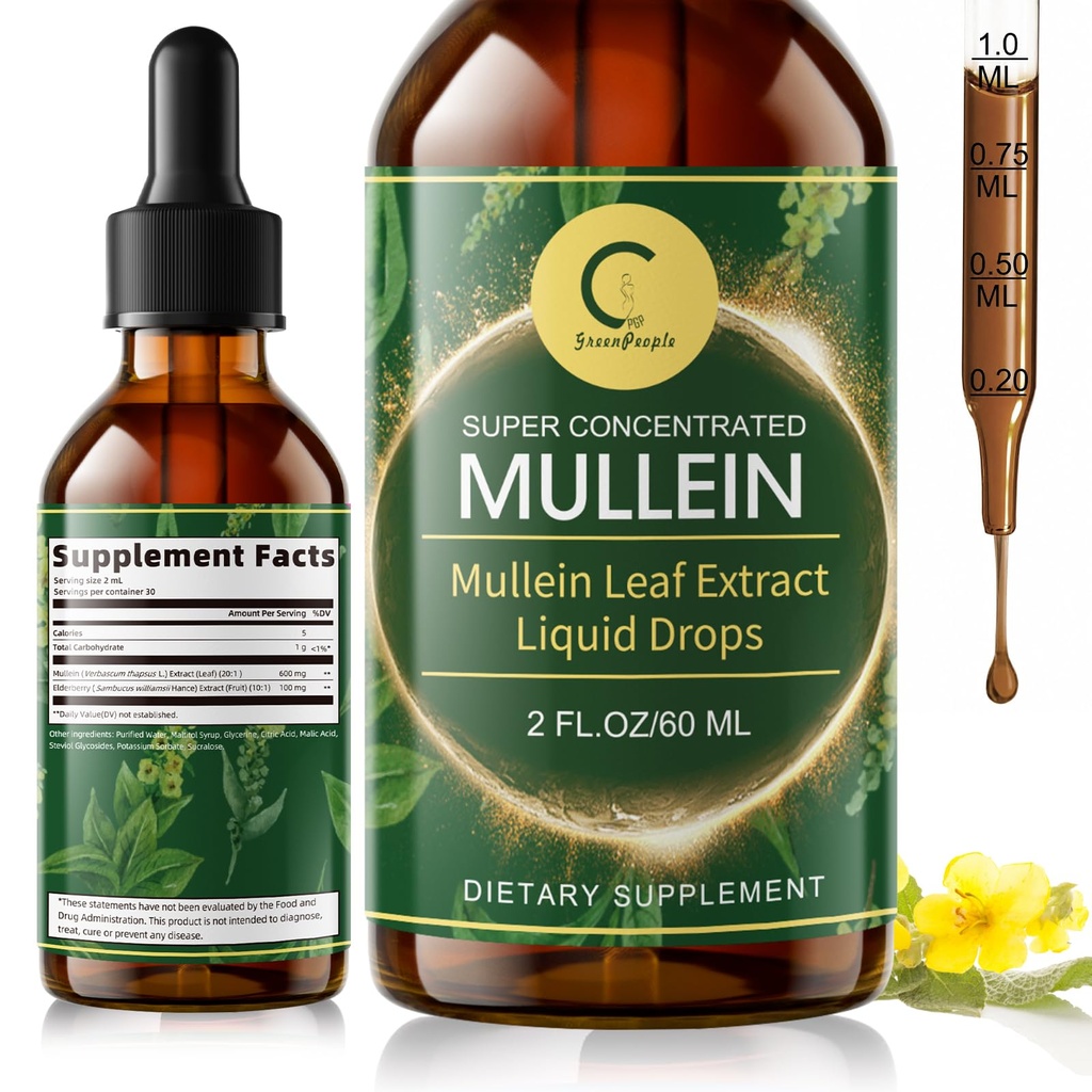 GPGP GreenPeople Mullein Leaf Drops with Elderberry - Max Strength Lung Cleanse and Detox for Smokers, Mucus Relief & Respiratory Support - Liquid Tincture, Alcohol-Free, 2 FL OZ