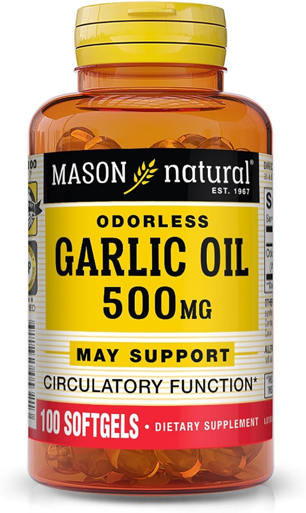 MASON ΦΥΣΙΚΟ Σκόρδο Oil 500 mg Odorless Allium Sativum συμπλήρωμα - Υποστηρίζει υγιή Κυκλοφορική λειτουργία, 100 Softgels