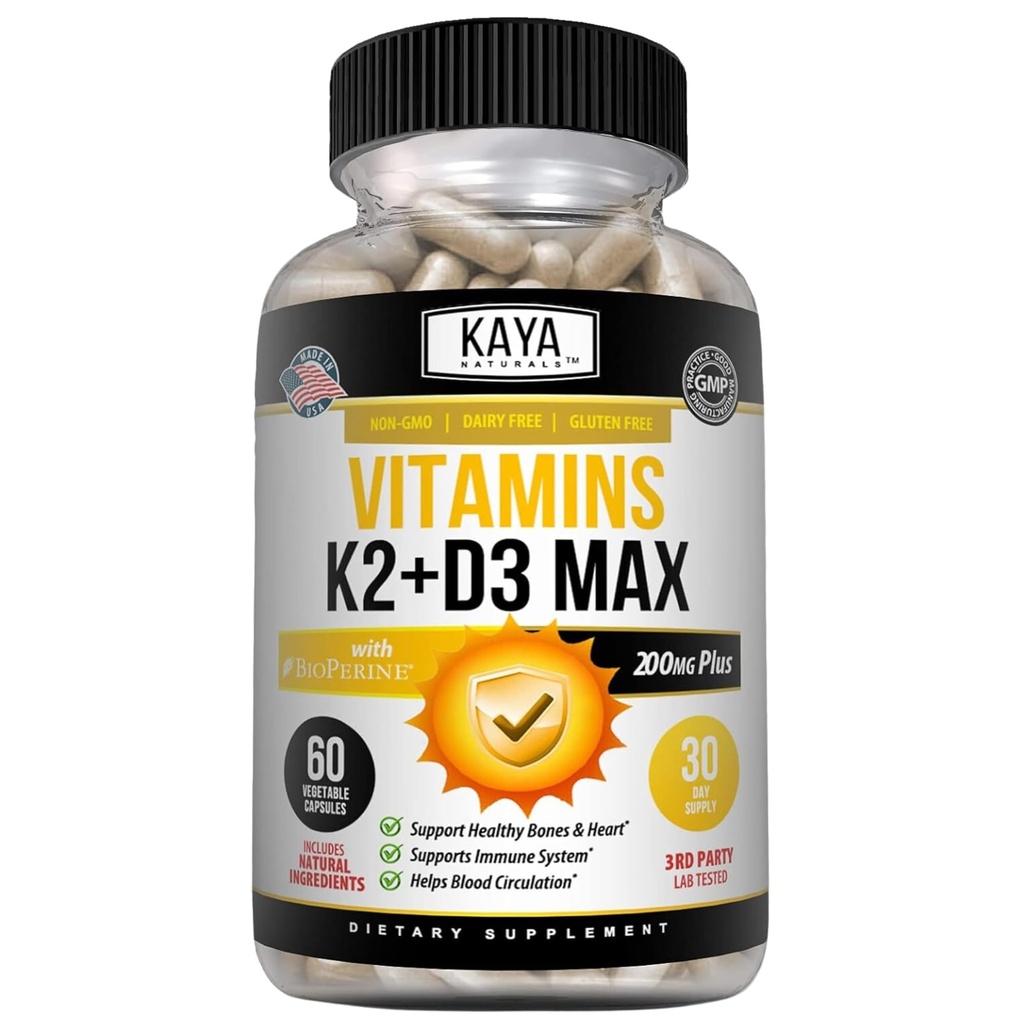 Kaya Naturals Βιταμίνες K2 με D3 5000IU συμπλήρωμα για άνδρες και γυναίκες - Εύκολο στην κατάποση - κάψουλες βιοπερίνης (60 Count (Pack of 1))