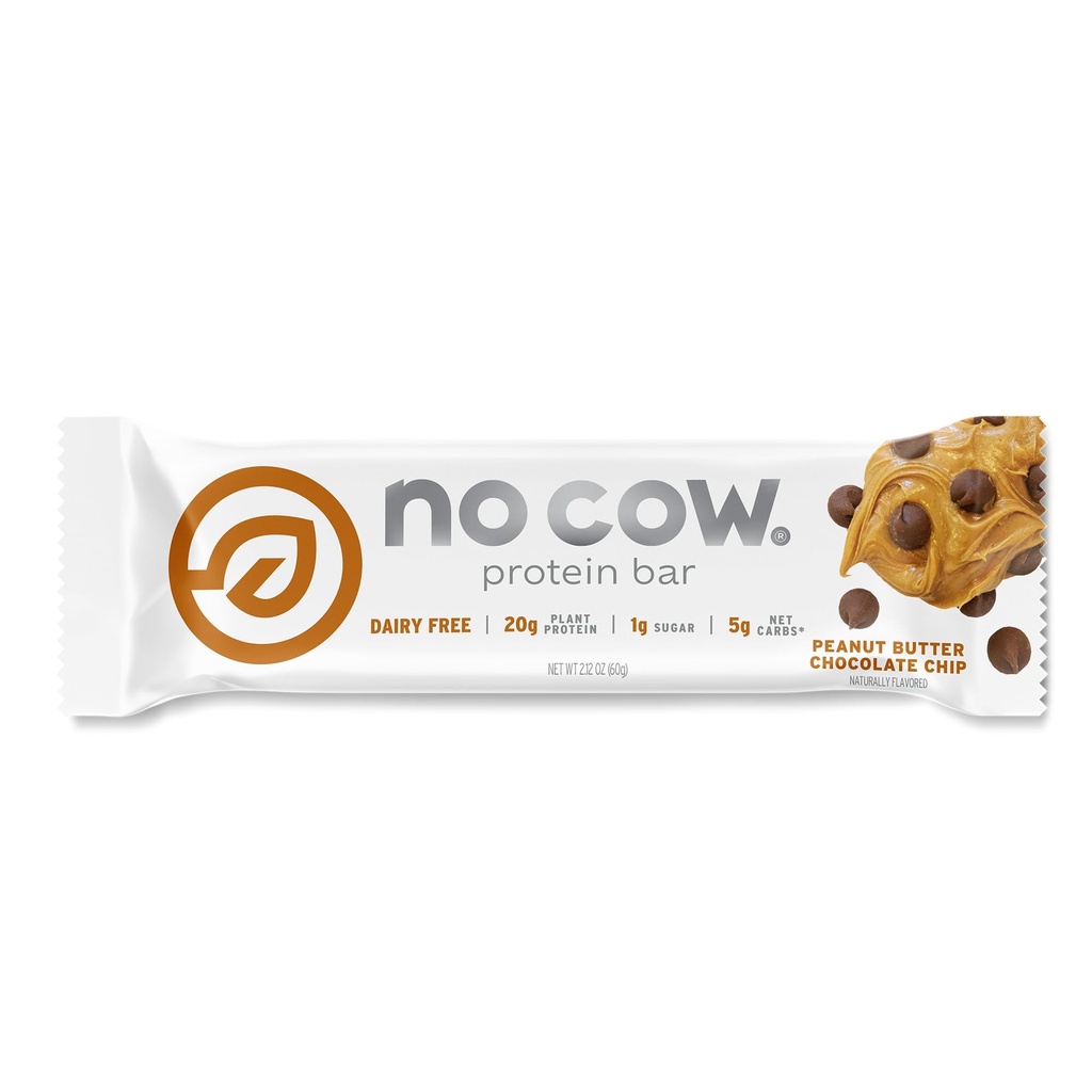 No Cow Vegan Protein Bar, Peanut Butter Chocolate Chip | 20g Plant-Based Protein, High Fiber, Gluten-Free, Dairy-Free, Soy-Free, Keto-Friendly Snack Bars with Low Sugar | 1 Bar