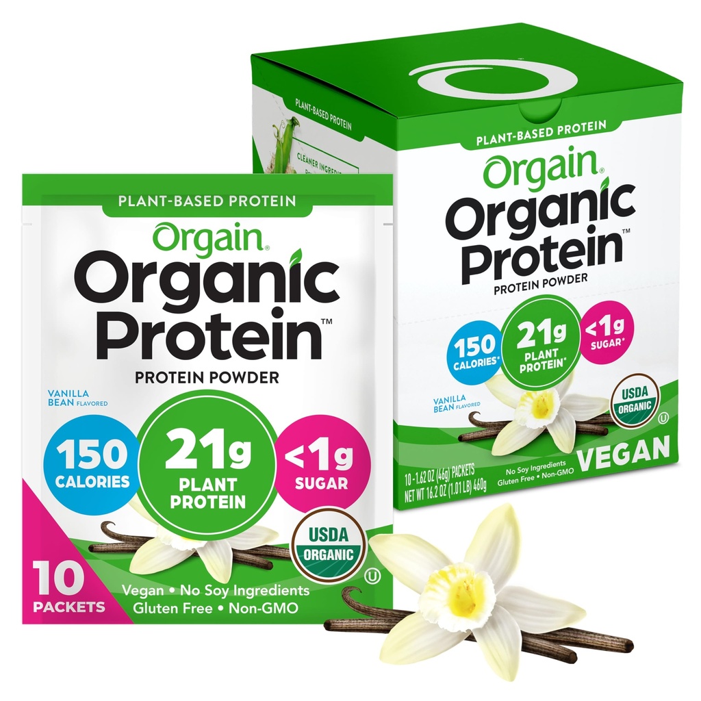Orgain Organic Vegan Protein Powder, Vanilla Bean - 21g Πρωτεΐνη φυτών, 5g Προβιοτικές Ίνες, Χαμηλό Καρβίδιο, Όχι Συστατικά λακτόζης, Όχι Προστιθέμενη Ζάχαρη, Μη ΓΤΟ, Για Ανακινήσεις & Smoothies, 10 ταξιδιωτικές συσκευασίες