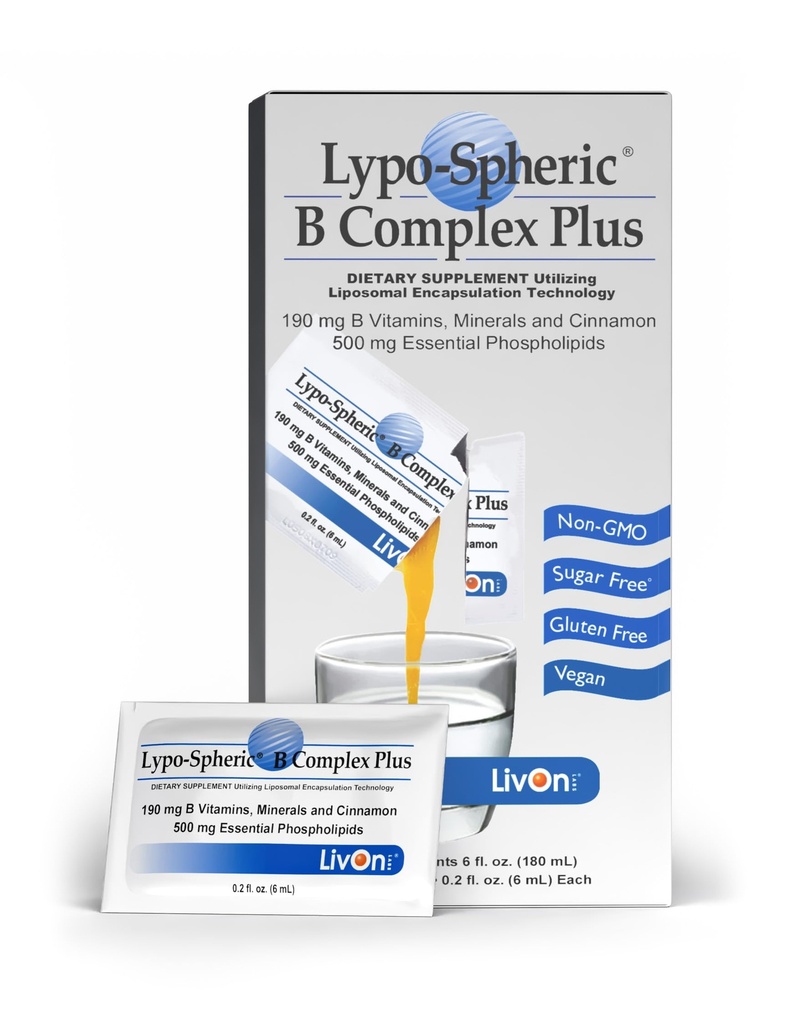 LivOn Laboratories Lypo–Spheric B Complex Plus – 30 Packets – 195 mg Β Βιταμίνες, Ορυκτά & Κανέλα Per Packet – Liposome Encapsuled for βελτιωμένη απορρόφηση – 100% Μη ΓΤΟ