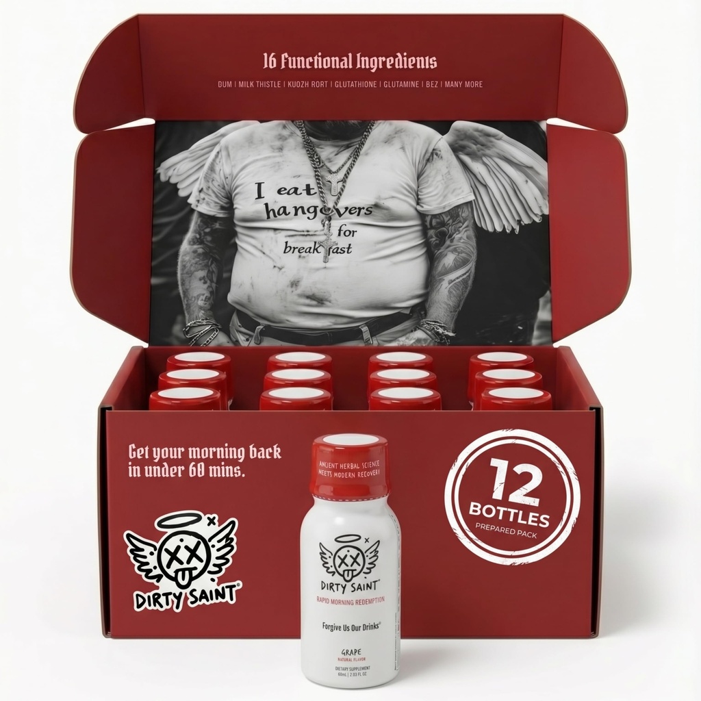 DIRTY SAINT Morning Revival Shot - DHM, 16 Functional Ingredients, 2oz 12pk | Resurrect your day. Milk thistle, glutathione, NAC, hovenia dulcis, B vitamins, electrolytes, zero sugar, natural grape.