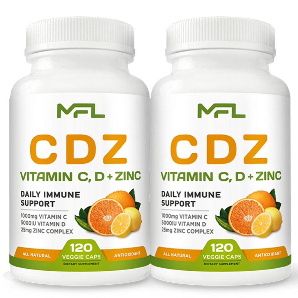 2 Pack, C D Z | Vitamin C, 1000mg | Vitamin D3, 125mcg | Zinc, 25mg | Non-GMO & Gluten Free | 240 Servings