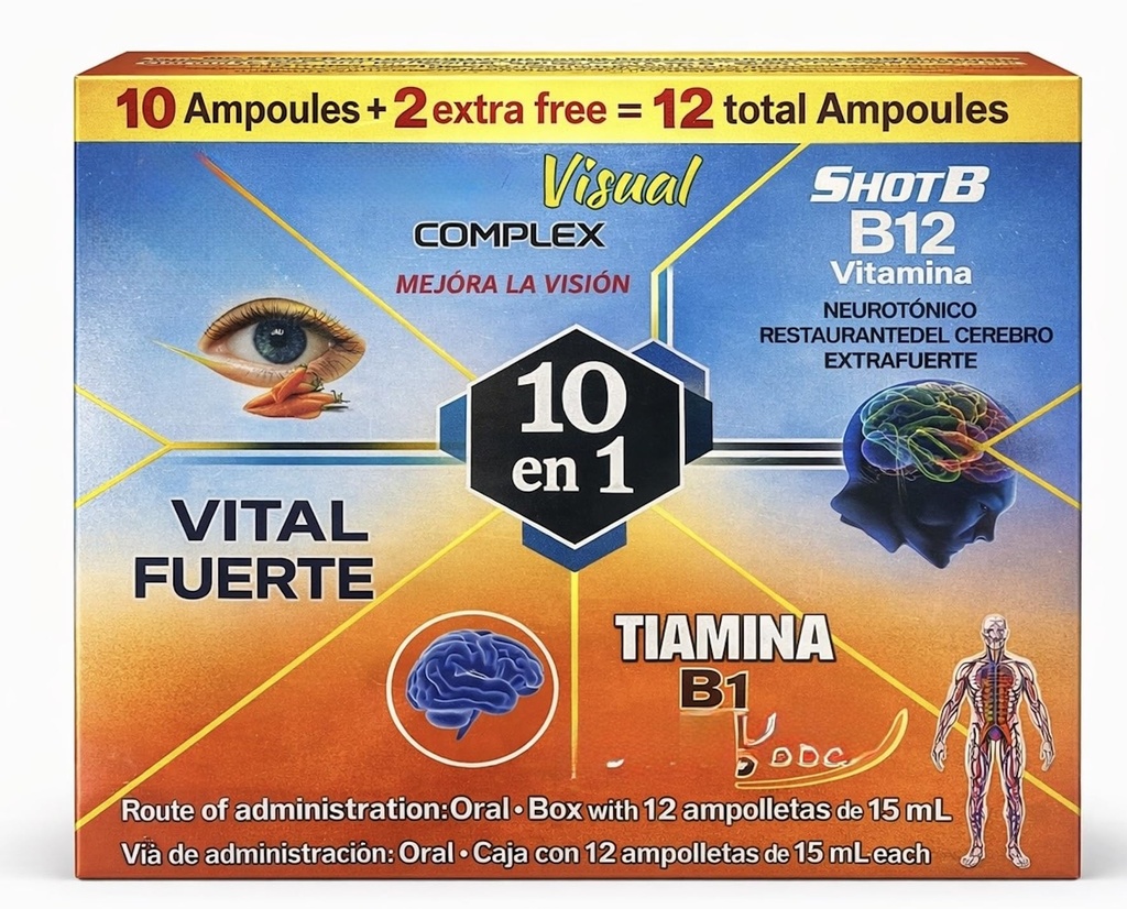 10 en1 Hierro B Complex, Complejo B 1000 Shot | Multi-Vitamins,Calcium, L-Lysine | Box with 12 Ampoules of 15ml | Energy, Cognitive Function, and Metabolic Health Boost Botella