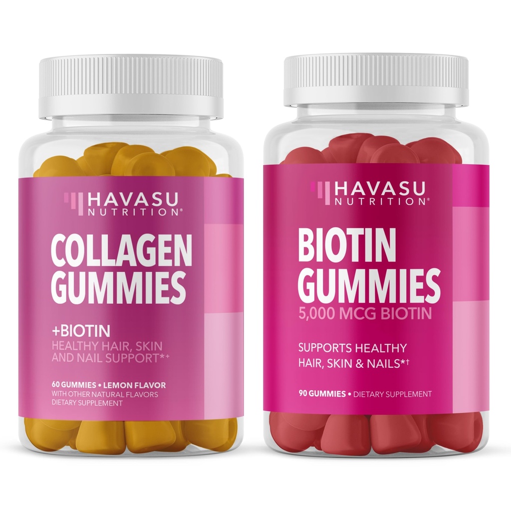 HAVASU NUTRITION Biotin and Collagen Gummies Bundle Ultimate Hair Growth Supplement with 5000mcg, Type I and III with Zinc, Vitamin E & C and 3000mcg Biotin for Hair, Skin, and Nail Growth
