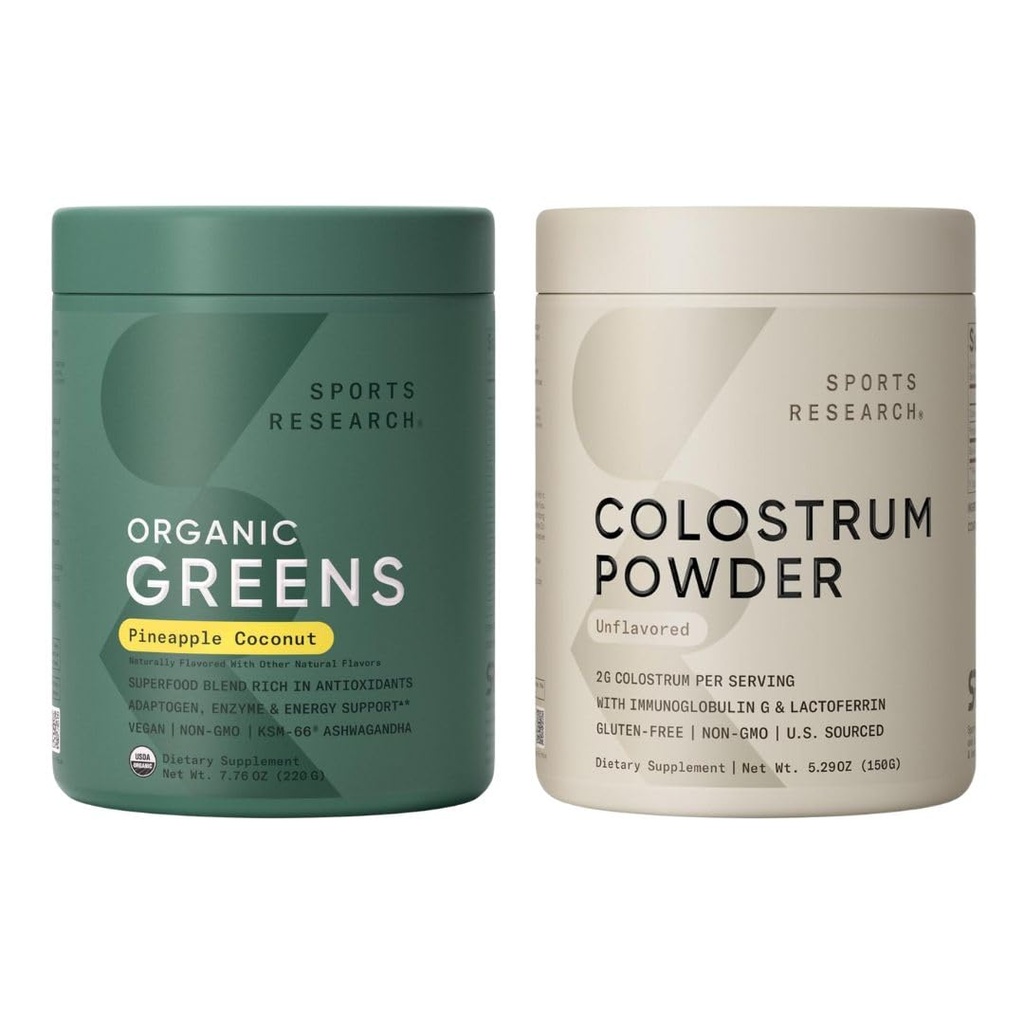 Sports Research® Tropical Vitality Pack - Unflavored Bovine Colostrum Powder & Organic Greens Superfood Powder w/Spirulina, Ashwagandha, Probiotics & B Vitamins
