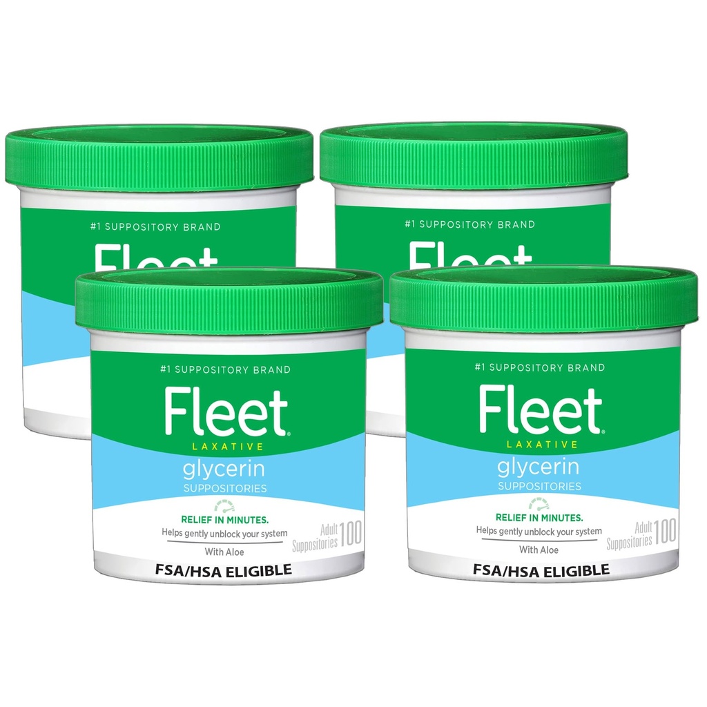 Fleet Glycerin Suppositories for Constipation Relief, Fast and Effective Stimulant-Free Laxative with Aloe Vera, 100 Count Jar, Pack of 4