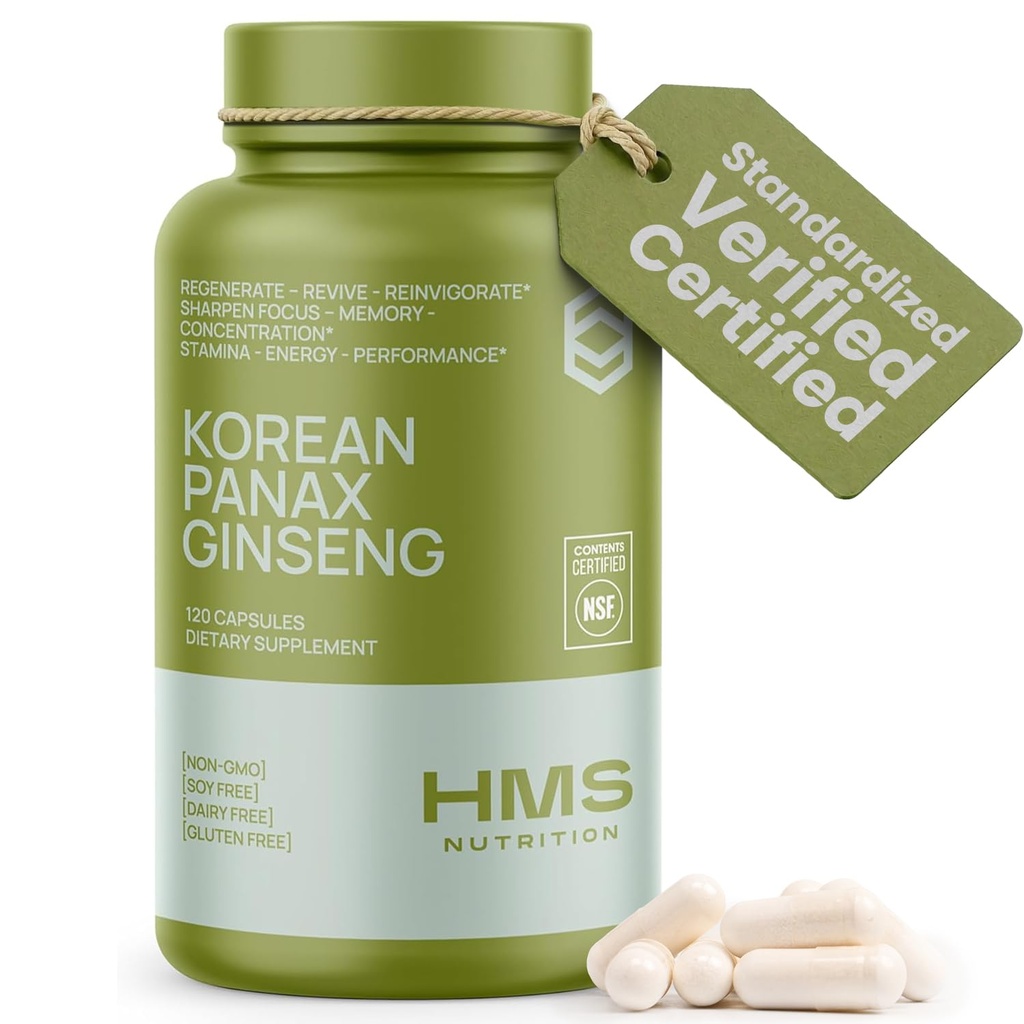 HMS Nutrition Korean Red Panax Ginseng 2000mg Supplement – 120 Vegan Capsules, Max Strength Ginsenosides, NSF Certified Extract for Energy, Stamina, Focus, Performance & Immune Support