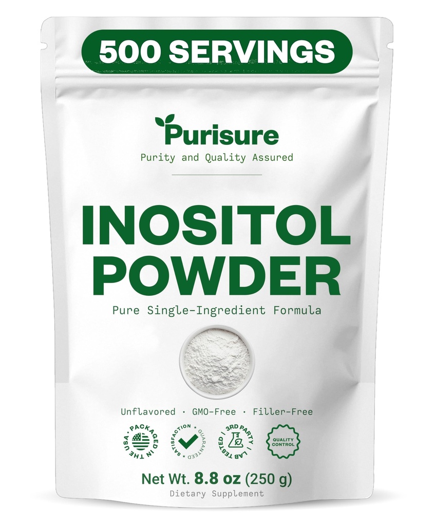 Purisure Myo-Inositol σκόνη, 250g, γονιμότητα, ορμονική ισορροπία και ωοθηκική υποστήριξη, καθαρή σκόνη Ινοσιτόλης, Myo Inositol συμπλήρωμα για την υποστήριξη της ενέργειας και της ευεξίας του εγκεφάλου, Vegan, μη GMO, 500 εξυπηρετήσεις