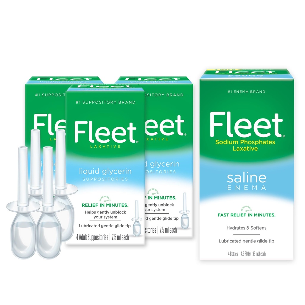 Fleet Saline Enema, 4 Count and Fleet Laxative Liquid Glycerin Suppositories for Adult Constipation Relief | 4 CT | 3 Pack