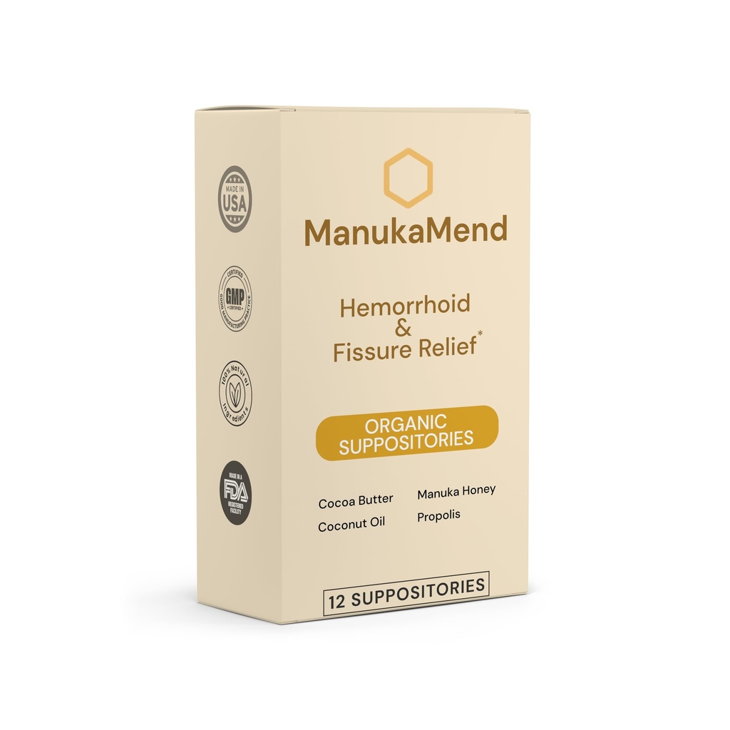 ManukaMend™ Comfort Support Suppositories with Manuka Honey & Coconut Oil – Gentle Moisturizing Relief, 12 Count