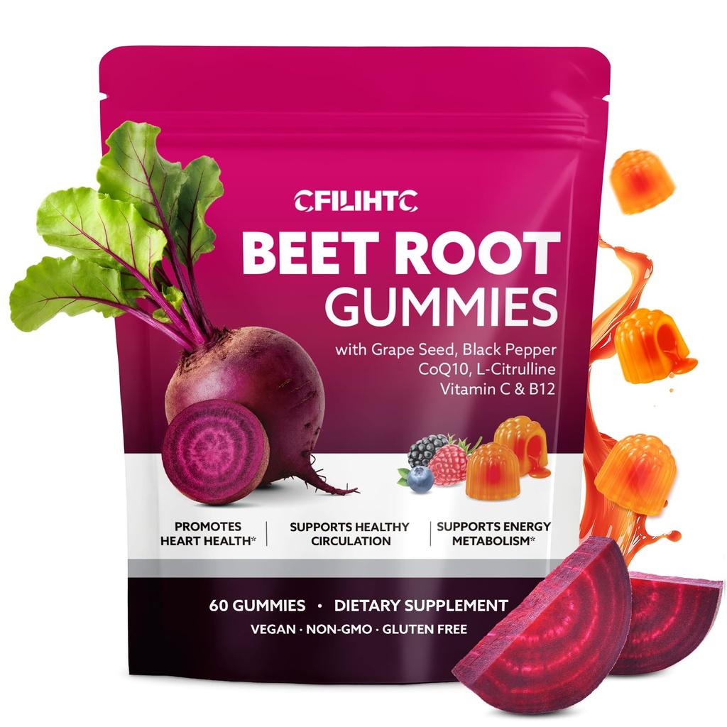 Beetroot Gummies - Beet Root for High Blood Pressure Supplements with Grape Seed Extract + CoQ10 + Black Pepper Extract + L-Citrulline + Vitamin C B12 Ultimate Heart for Blood Flow & Energy, 60 Count