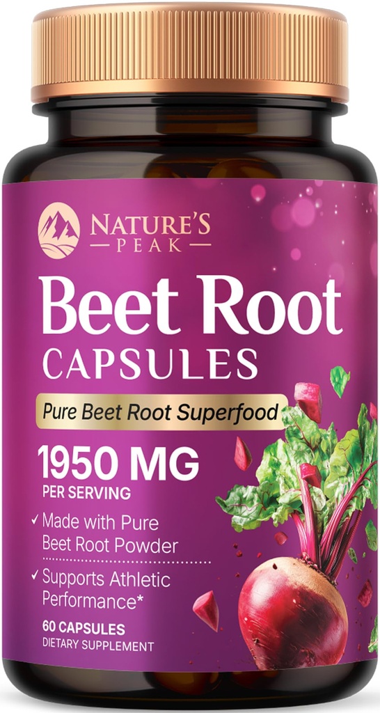 Beet Root Capsules - Organic Beetroot Powder 1950mg Per Serving - Vegan Caps - Premium Beet Root Supplement - Supports Nitric Oxide, Heart Health, & Natural Energy - Bottled in the USA - 60 Capsules