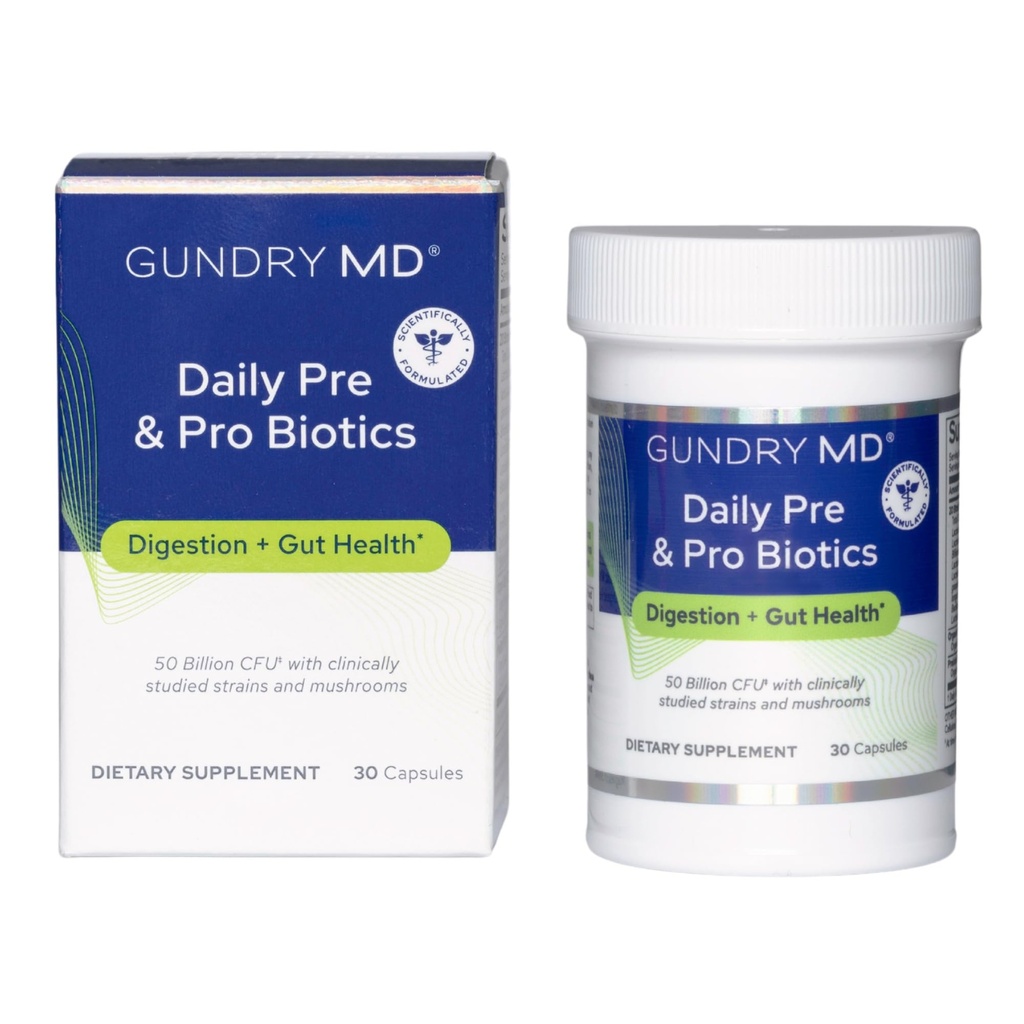 Gundry MD Daily Pre & Pro Biotics - Prebiotics and Probiotics for Digestion & Gut Health - 50 Billion CFU with Added Mushroom Blend (30 Capsules)