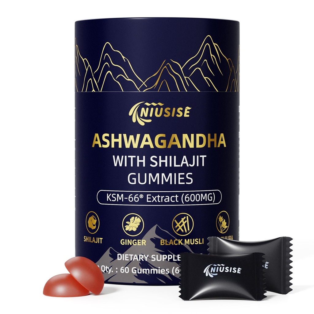 NIUSISE Ashwagandha Gummies with Shilajit 300mg for Women & Men, Zero Sugar ashwagandha Supplements with Maca Root Powder | Organic ashwagandha Extra Strength for Boost Energy 60 Gummies
